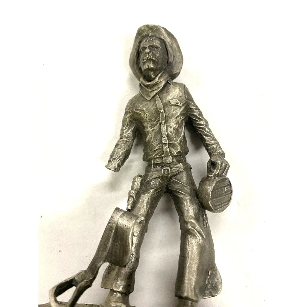 Vintage Pewter Cowboy Figurine Mounted On Wood W Canteen 1 Hand Lewis N Vapn